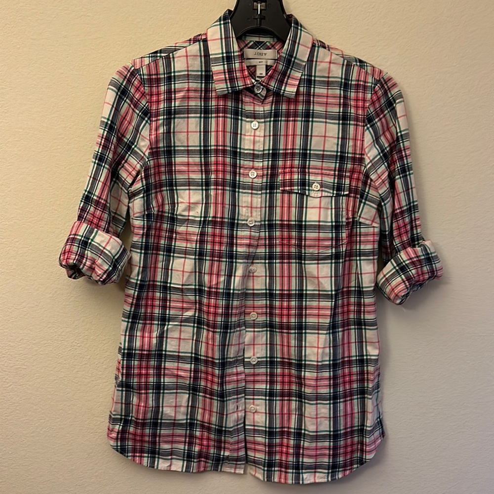 J. Crew Mint and Pink Plaid Boy Button Down Shirt size 00